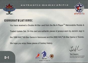 1999-00 Be a Player Memorabilia - Update Double All Star Jerseys #D-1 Jaromir Jagr  Back
