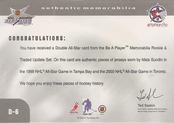 1999-00 Be a Player Memorabilia - Update Double All Star Jerseys #D-6 Mats Sundin  Back