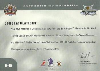 1999-00 Be a Player Memorabilia - Update Double All Star Jerseys #D-10 Teemu Selanne  Back