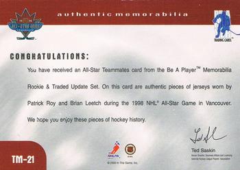 1999-00 Be a Player Memorabilia - Update Teammates Jerseys #TM-21 Patrick Roy / Brian Leetch Back