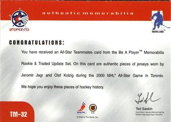 1999-00 Be a Player Memorabilia - Update Teammates Jerseys #TM-32 Jaromir Jagr / Olaf Kolzig Back