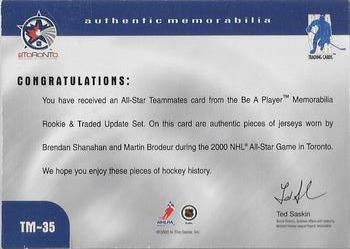 1999-00 Be a Player Memorabilia - Update Teammates Jerseys #TM-35 Brendan Shanahan / Martin Brodeur  Back