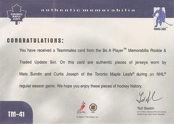 1999-00 Be a Player Memorabilia - Update Teammates Jerseys #TM-41 Mats Sundin / Curtis Joseph Back