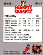 1992-93 Humpty Dumpty I #NNO Patrick Roy Back