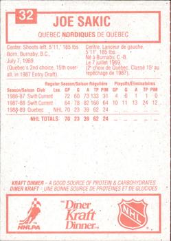 1989-90 Kraft #32 Joe Sakic  Back