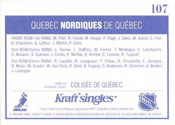 1990-91 Kraft #107 Quebec Nordiques Back