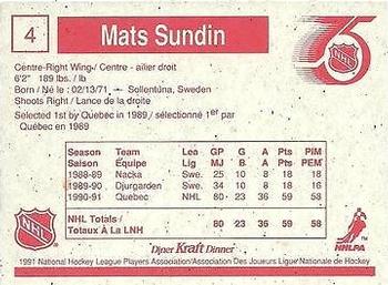 1991-92 Kraft #4 Mats Sundin Back