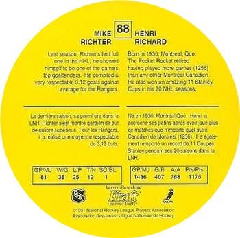 1991-92 Kraft #88 Mike Richter / Henri Richard Back