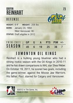 2011-12 In The Game Heroes and Prospects #73 Griffin Reinhart Back