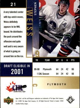 2000-01 Upper Deck CHL Prospects #21 Stephen Weiss Back