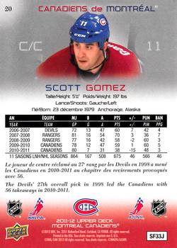 2011-12 Upper Deck McDonald's Montreal Canadiens #20 Scott Gomez Back