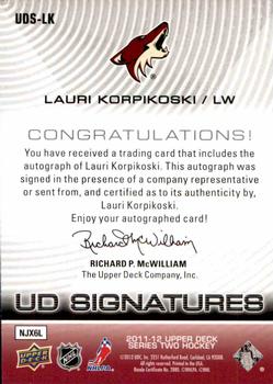 2011-12 Upper Deck - Signatures #UDS-LK Lauri Korpikoski Back