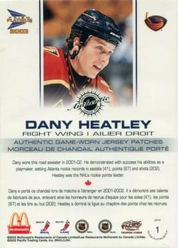 2002-03 Pacific Prism Platinum McDonald's - Jersey Patches Gold #1 Dany Heatley Back