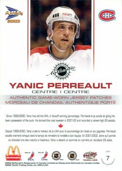 2002-03 Pacific Prism Platinum McDonald's - Jersey Patches Gold #7 Yanic Perreault Back