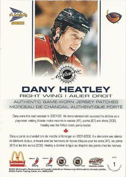 2002-03 Pacific Prism Platinum McDonald's - Jersey Patches Silver #1 Dany Heatley Back