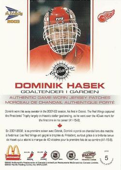 2002-03 Pacific Prism Platinum McDonald's - Jersey Patches Silver #5 Dominik Hasek Back