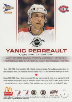 2002-03 Pacific Prism Platinum McDonald's - Jersey Patches Silver #7 Yanic Perreault Back