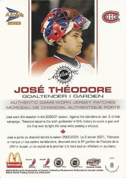 2002-03 Pacific Prism Platinum McDonald's - Jersey Patches Silver #8 Jose Theodore Back