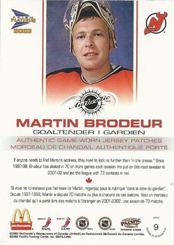 2002-03 Pacific Prism Platinum McDonald's - Jersey Patches Silver #9 Martin Brodeur Back