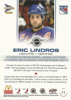 2002-03 Pacific Prism Platinum McDonald's - Jersey Patches Silver #11 Eric Lindros Back