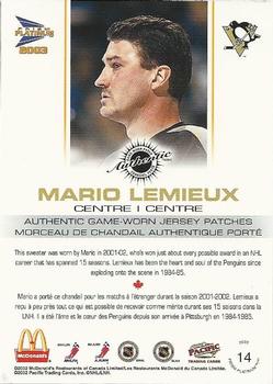 2002-03 Pacific Prism Platinum McDonald's - Jersey Patches Silver #14 Mario Lemieux Back