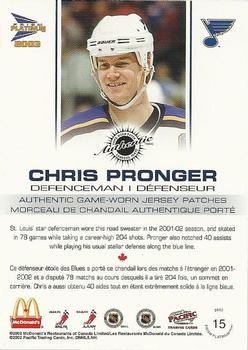 2002-03 Pacific Prism Platinum McDonald's - Jersey Patches Silver #15 Chris Pronger Back