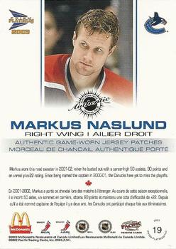 2002-03 Pacific Prism Platinum McDonald's - Jersey Patches Silver #19 Markus Naslund Back