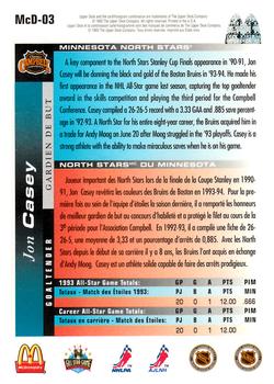 1993-94 Upper Deck McDonald's NHL All-Stars #McD-03 Jon Casey Back