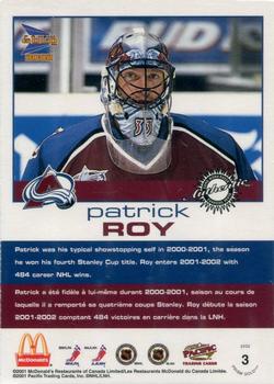 2001-02 Pacific Prism Gold McDonald's - Game-Worn Jersey Patches Gold Foil #3 Patrick Roy Back