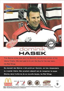 2001-02 Pacific Prism Gold McDonald's - Game-Worn Jersey Patches Gold Foil #9 Dominik Hasek Back