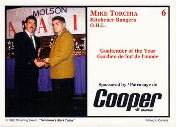 1991 7th Inning Sketch CHL Award Winners #6 Mike Torchia Back