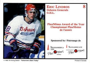 1991 7th Inning Sketch CHL Award Winners #8 Eric Lindros Back