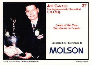 1991 7th Inning Sketch CHL Award Winners #27 Joe Canale Back