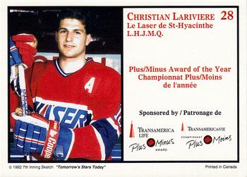 1991 7th Inning Sketch CHL Award Winners #28 Christian Lariviere Back