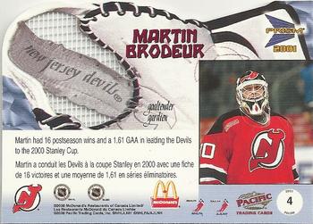 2000-01 Pacific Prism McDonald's - Glove Side Net Fusions #4 Martin Brodeur  Back