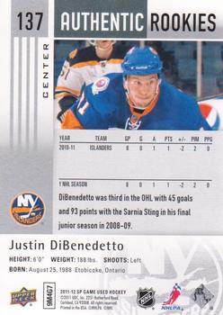 2011-12 SP Game Used #137 Justin DiBenedetto Back