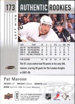 2011-12 SP Game Used #173 Pat Maroon Back