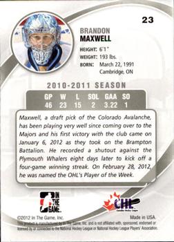 2011-12 In The Game Between The Pipes #23 Brandon Maxwell Back