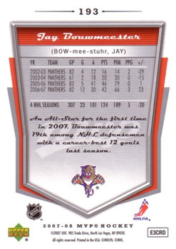 2007-08 Upper Deck MVP #193 Jay Bouwmeester Back