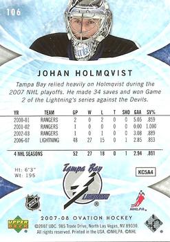 2007-08 Upper Deck Ovation #106 Johan Holmqvist Back