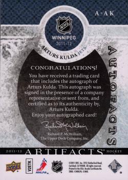 2011-12 Upper Deck Artifacts - Autofacts #A-AK Arturs Kulda Back