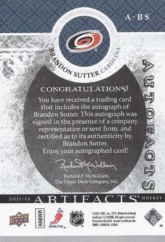 2011-12 Upper Deck Artifacts - Autofacts #A-BS Brandon Sutter Back