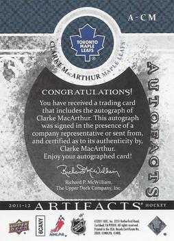 2011-12 Upper Deck Artifacts - Autofacts #A-CM Clarke MacArthur Back