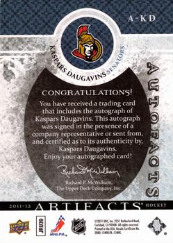2011-12 Upper Deck Artifacts - Autofacts #A-KD Kaspars Daugavins Back