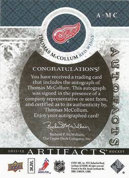 2011-12 Upper Deck Artifacts - Autofacts #A-MC Thomas McCollum Back