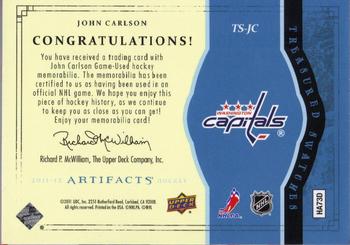 2011-12 Upper Deck Artifacts - Treasured Swatches Blue #TS-JC John Carlson Back