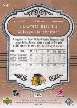 2007-08 Upper Deck Artifacts #94 Tuomo Ruutu Back