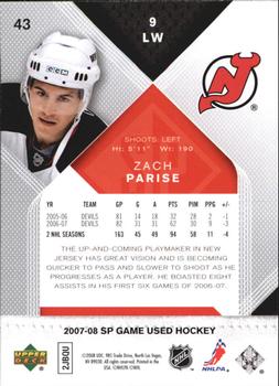 2007-08 SP Game Used #43 Zach Parise Back