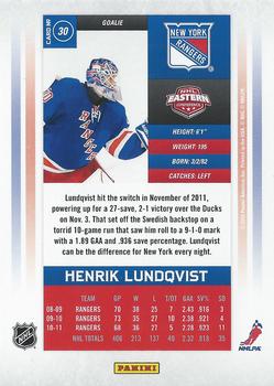 2011-12 Panini Contenders #30 Henrik Lundqvist Back