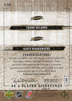 2006-07 Be A Player - Be a Player Signatures Duals #D-SN Teemu Selanne / Scott Niedermayer Back
